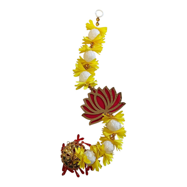 Red lotus Diwali wall hanging with gold outline, yellow flowers, white decorative beads and an ornate hanging ornament.
