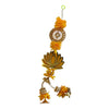 Yellow lotus Diwali wall hanging with gold outline, yellow flowers, a circular ornament, white beads and dangling floral tassels.