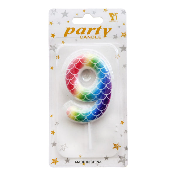 Mermaid Scale Wax Number Cake Candle, Rainbow, digit 9