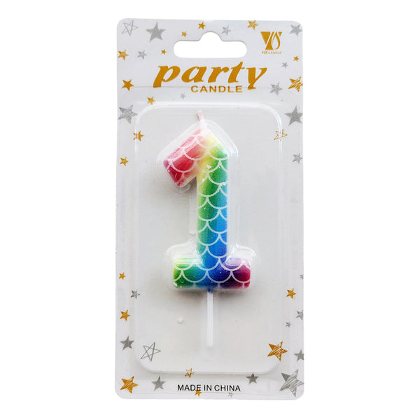 Mermaid Scale Wax Number Cake Candle, Rainbow, digit 1