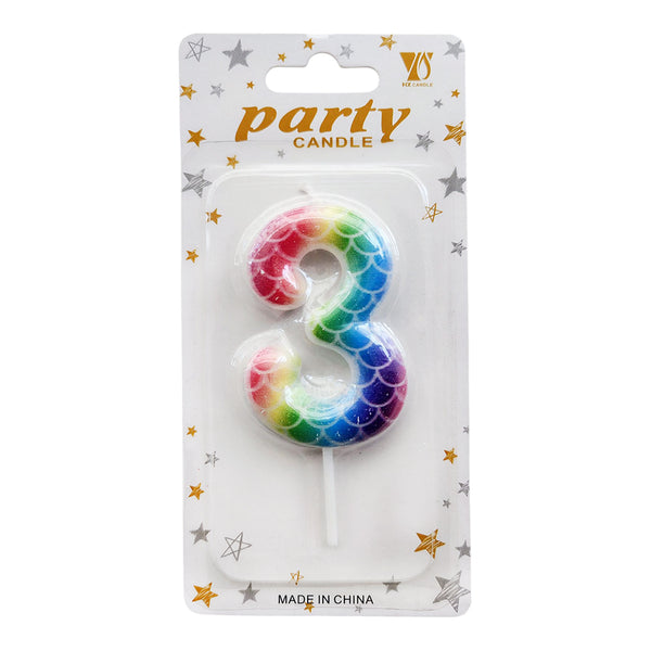 Mermaid Scale Wax Number Cake Candle, Rainbow, digit 3
