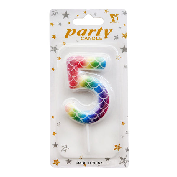 Mermaid Scale Wax Number Cake Candle, Rainbow, digit 5
