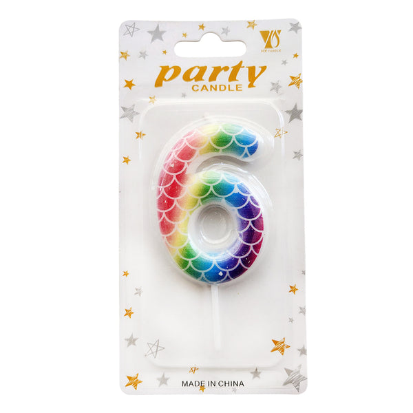 Mermaid Scale Wax Number Cake Candle, Rainbow, digit 6