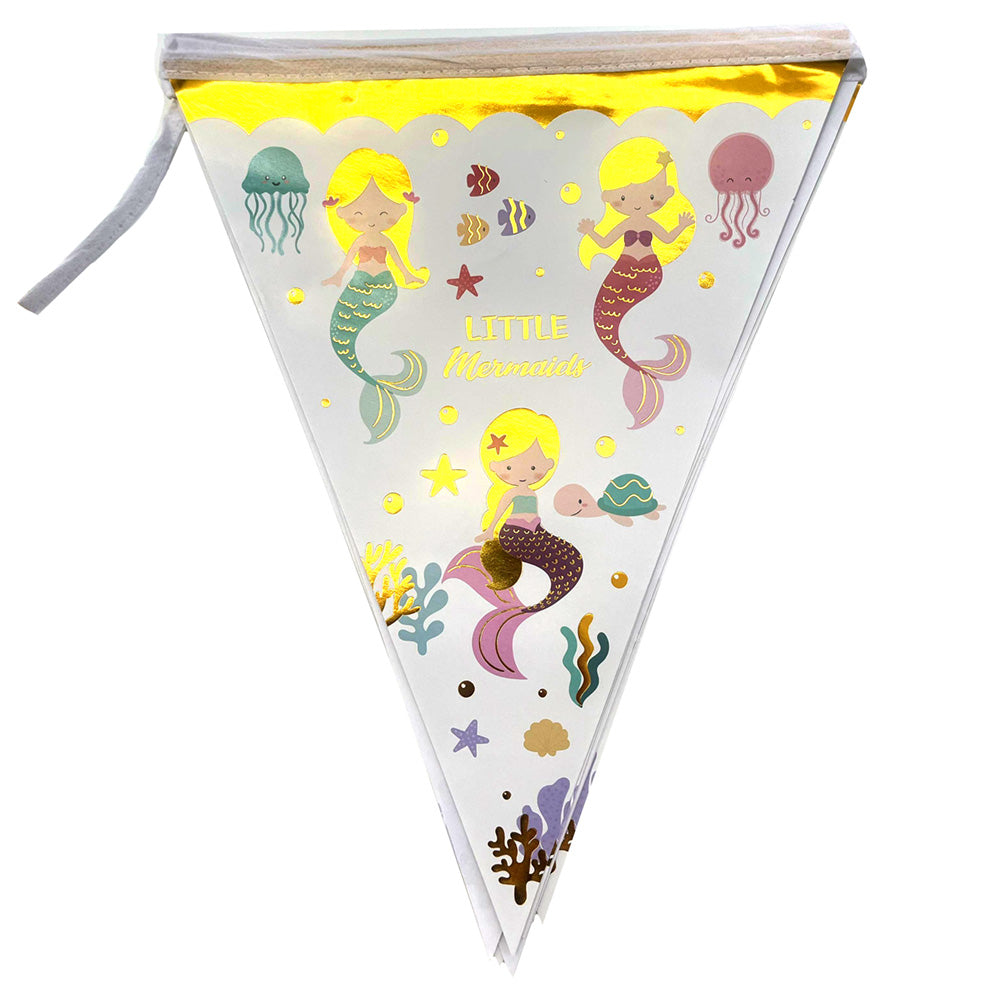 Mermaid theme glossy happy birthday wall banner decoration with colorful ocean-inspired mermaid graphics and scale pattern design from Funzoop The Party Shop