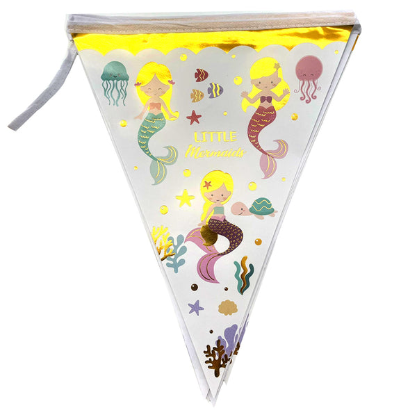 Mermaid theme glossy happy birthday wall banner decoration with colorful ocean-inspired mermaid graphics and scale pattern design from Funzoop The Party Shop