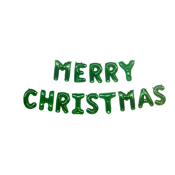 Metallic green foil letter balloons spell Merry Christmas in two rows against a plain white background for a festive display.