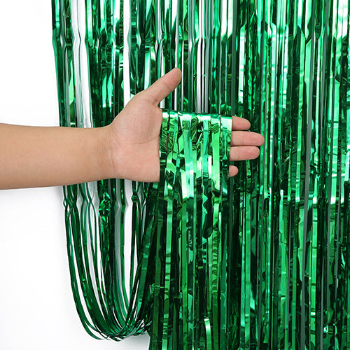 Metallic Foil Fringe Party Curtain Backdrop, 7 Colours, Green for creating a reflective background behind a cake table or party photo area.