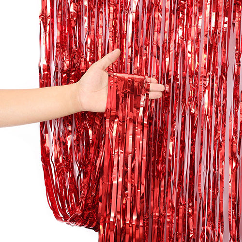 Metallic Foil Fringe Party Curtain Backdrop, 7 Colours, Red for creating a reflective background behind a cake table or party photo area.