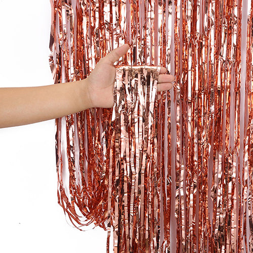 Metallic Foil Fringe Party Curtain Backdrop, 7 Colours, Brown for creating a reflective background behind a cake table or party photo area.