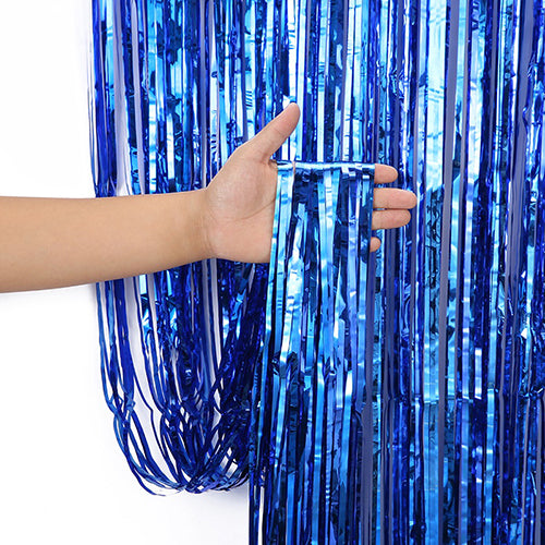 Metallic Foil Fringe Party Curtain Backdrop, 7 Colours, Blue for creating a reflective background behind a cake table or party photo area.