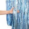 Metallic Foil Fringe Party Curtain Backdrop, 7 Colours, Light Blue for creating a reflective background behind a cake table or party photo area.