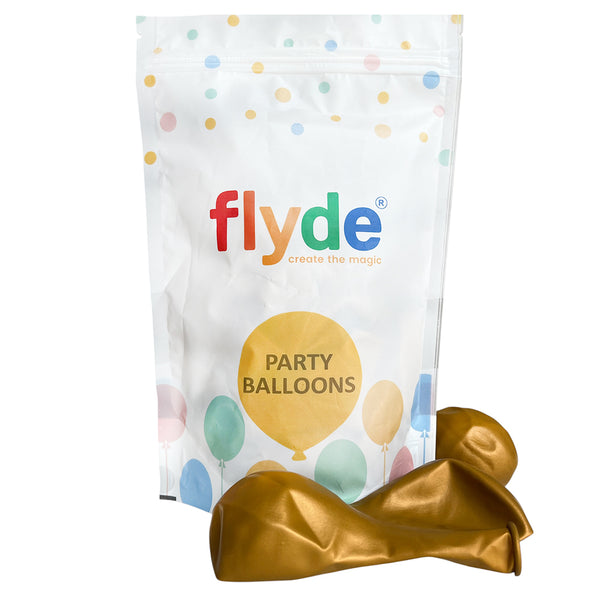Metallic Pearl Gold latex balloons product packaging, showing the colour range supplied for twelve-inch party balloons used in supported displays or celebration decorations.