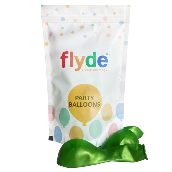 Metallic Pearl Lemon Green latex balloons product packaging, showing the colour range supplied for twelve-inch party balloons used in supported displays or celebration decorations.