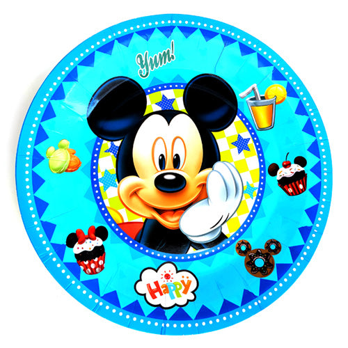 Blue Mickey Mouse paper party plate featuring the smiling character, colourful border details and small illustrations for a child's themed birthday.