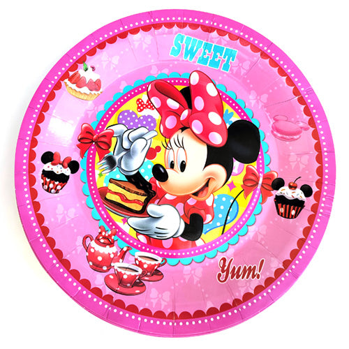 Pink Minnie Mouse paper party plate featuring a character illustration, bow details and decorative border for a child's themed birthday table.