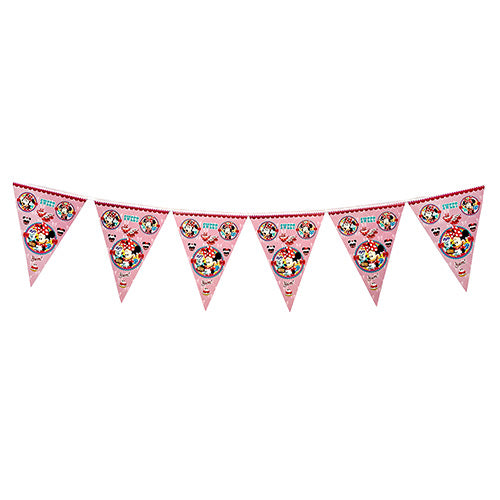 Minnie Mouse theme happy birthday wall banner decoration with pink red black birthday graphics and cartoon mouse character design from Funzoop The Party Shop