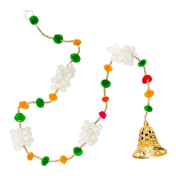 White mogra-style floral Diwali door hanging with colourful small pom-poms, a gold beaded strand and a gold decorative bell.