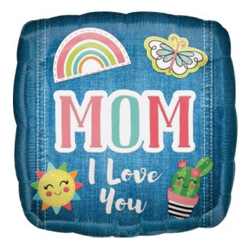 Mom I Love You Patches Foil Balloon shown as a product reference for celebrations and thoughtful gifts for Mom, with its themed design visible.