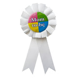 Mom To Be rosette badge with decorative ribbon tails for baby shower celebration from Funzoop The Party Shop