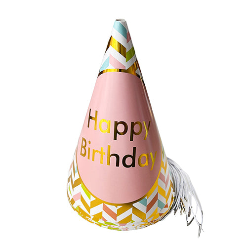 Happy Birthday chevron party hats with festive cone shaped design from Funzoop The Party Shop