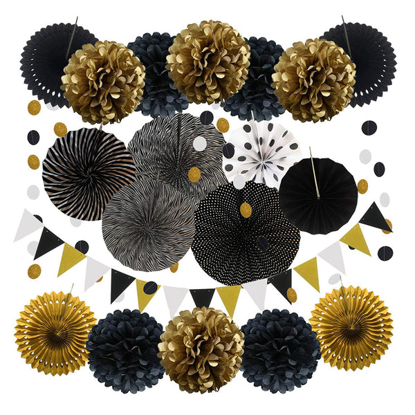 Multicolor paper fans party decoration kit with hanging party décor elements sold by Funzoop - The Party Shop