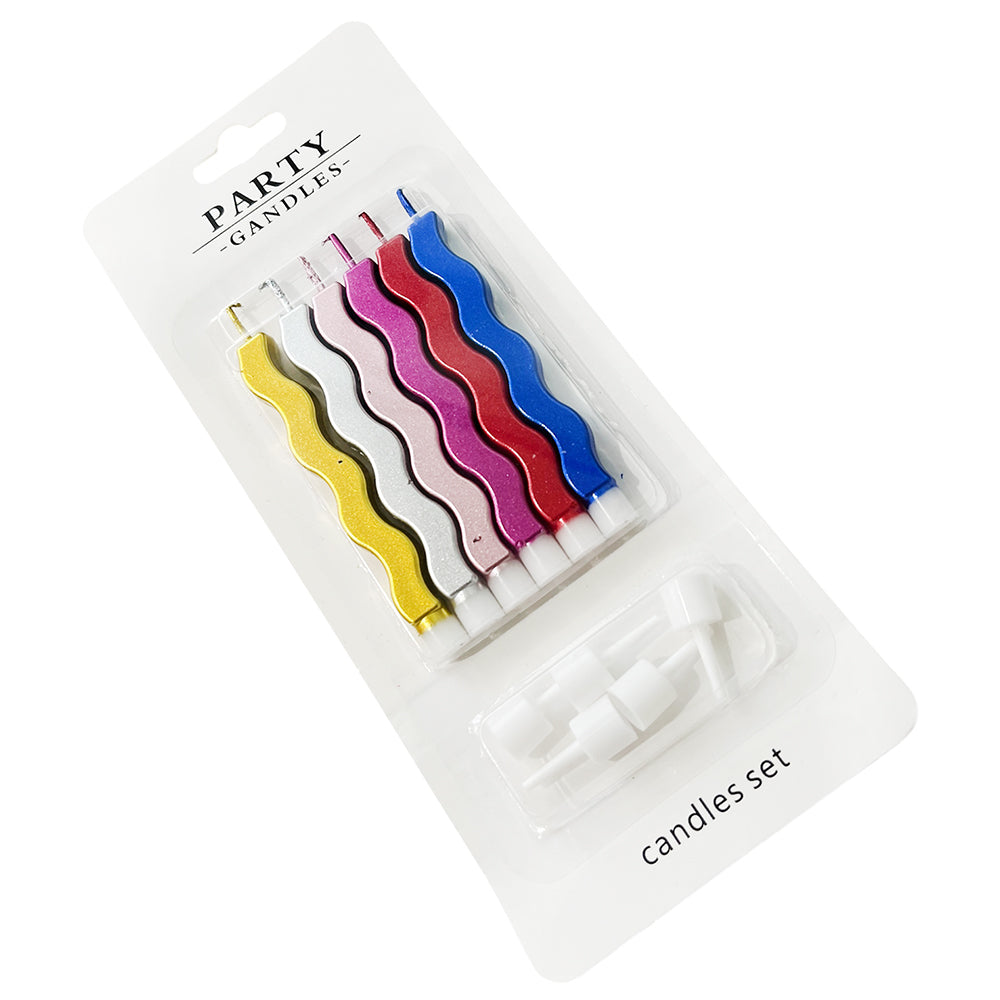 Set of six multicolour wavy birthday cake candles
