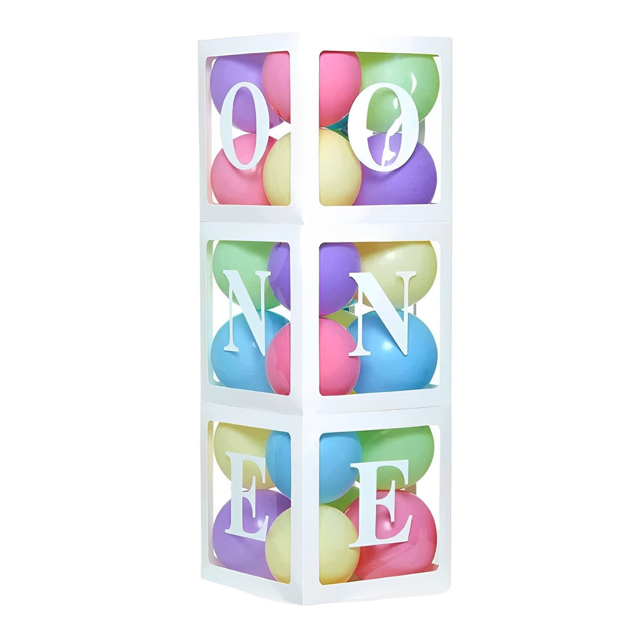 White and transparent balloon display boxes spelling ONE for milestone celebration decoration from Funzoop The Party Shop
