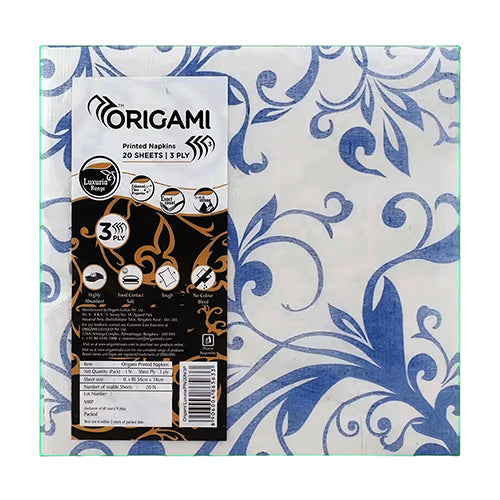 Paper beverage napkins pictured in retail packaging with a blue floral scroll design on a white background for coordinated party tableware.