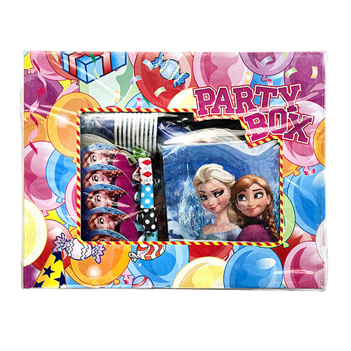 Frozen party set shown in colourful retail packaging with character themed tableware visible, including a blue plate featuring Elsa and Anna.