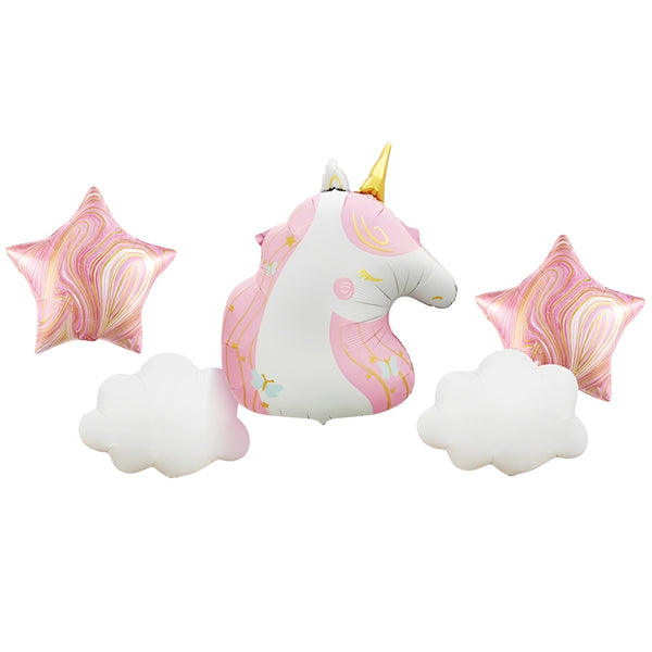 Pastel unicorn foil balloon set with stars and clouds