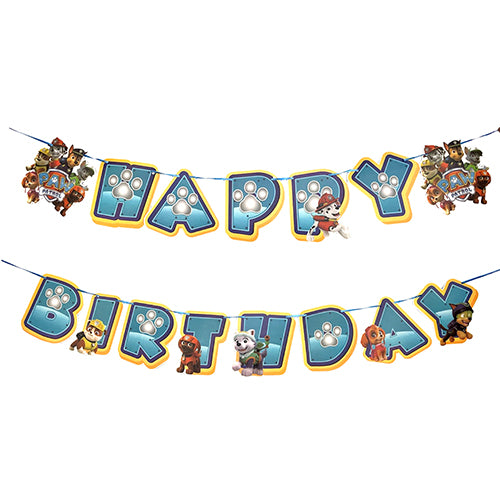 Paw Patrol happy birthday wall banner decoration with colorful rescue pup character graphics and birthday lettering from Funzoop The Party Shop