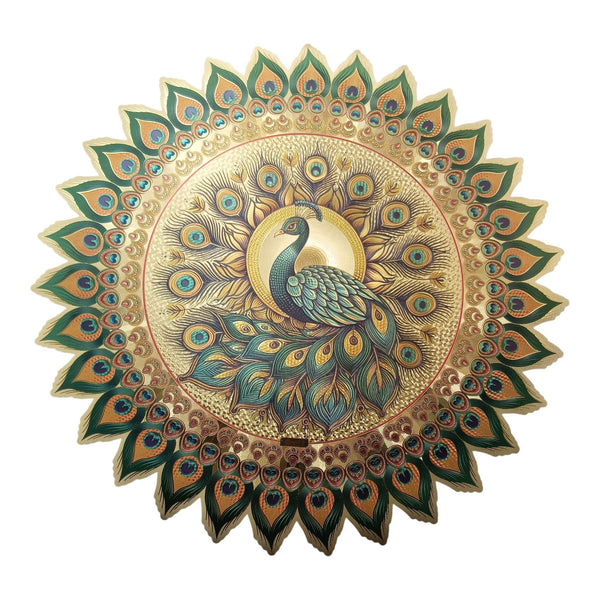 Peacock Diwali rangoli decoration with green and teal feather motifs, an ornate gold background and a scalloped feather border.