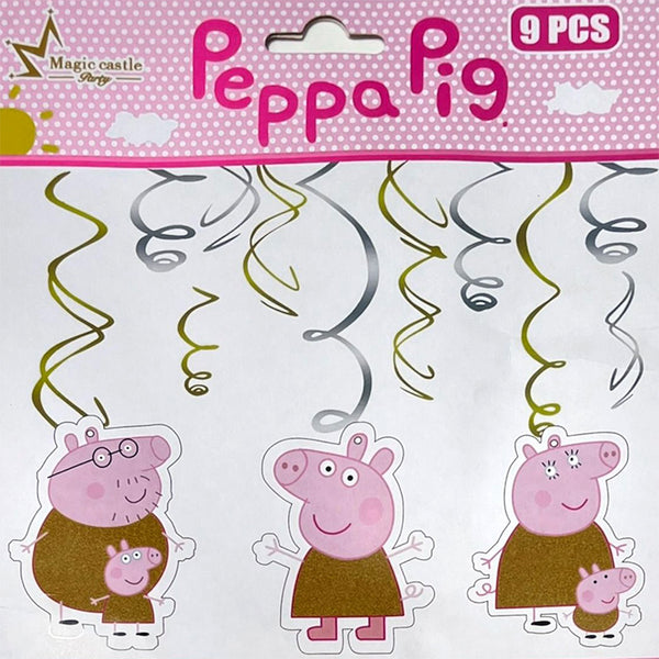 Peppa Pig theme hanging swirl decorations with character cutouts for birthday party décor from Funzoop The Party Shop