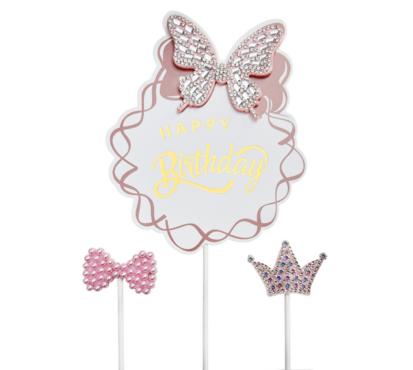 Pink butterfly birthday cake topper set with crown and bow