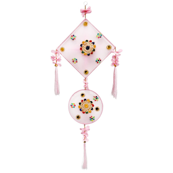 Pink diamond and circular Diwali wall hanging panels with mirror-style accents, colourful floral embellishments, small pink flowers and long tassels.