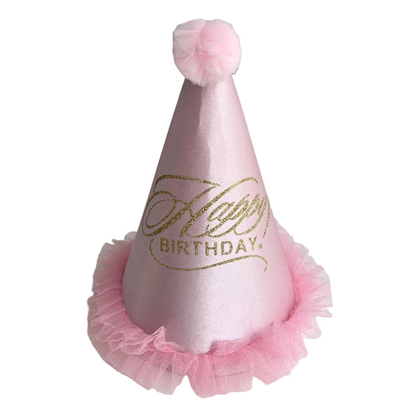 Pink satin cone party cap with decorative birthday styling, showing a fabric headwear option from the assorted-colour single-piece listing.