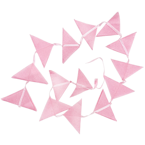 Pink triangular pennant flags strung along a matching ribbon, forming a bunting garland for party backdrops and festive displays.