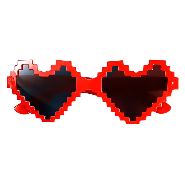 Red pixel heart party goggles with dark-tinted lenses front view
