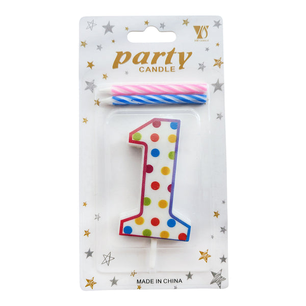 Polka Dot Wax Number Cake Candle with 2 Spiral Candles, digit 1