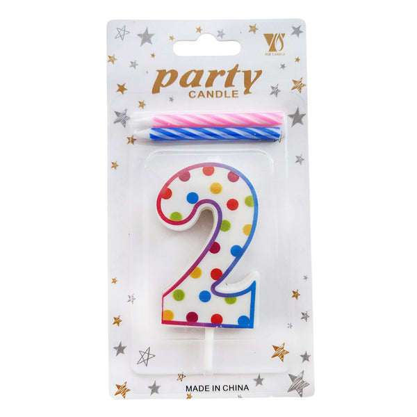 Polka Dot Wax Number Cake Candle with 2 Spiral Candles, digit 2