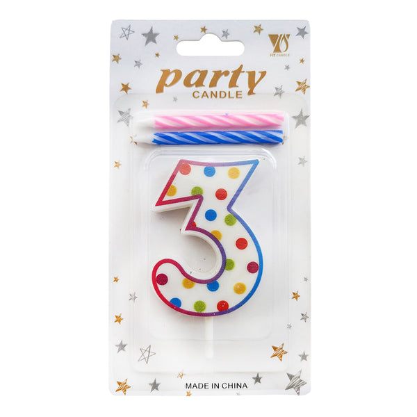 Polka Dot Wax Number Cake Candle with 2 Spiral Candles, digit 3