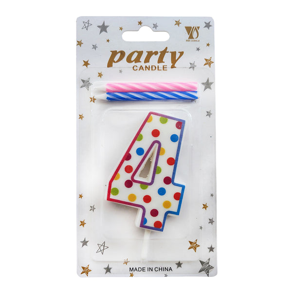 Polka Dot Wax Number Cake Candle with 2 Spiral Candles, digit 4