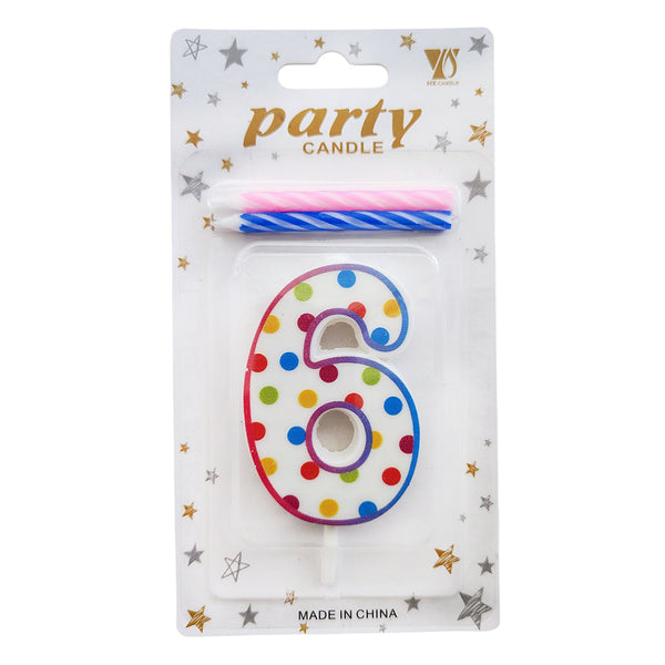 Polka Dot Wax Number Cake Candle with 2 Spiral Candles, digit 6