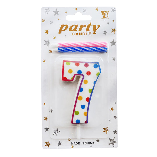 Polka Dot Wax Number Cake Candle with 2 Spiral Candles, digit 7
