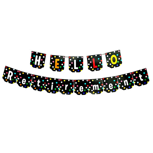 Black polka retirement wall banner with stylish celebration message from Funzoop The Party Shop