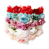 Rose floral crown headband with pink and green tones, featuring fabric flowers and decorative details for bridal and birthday portraits.