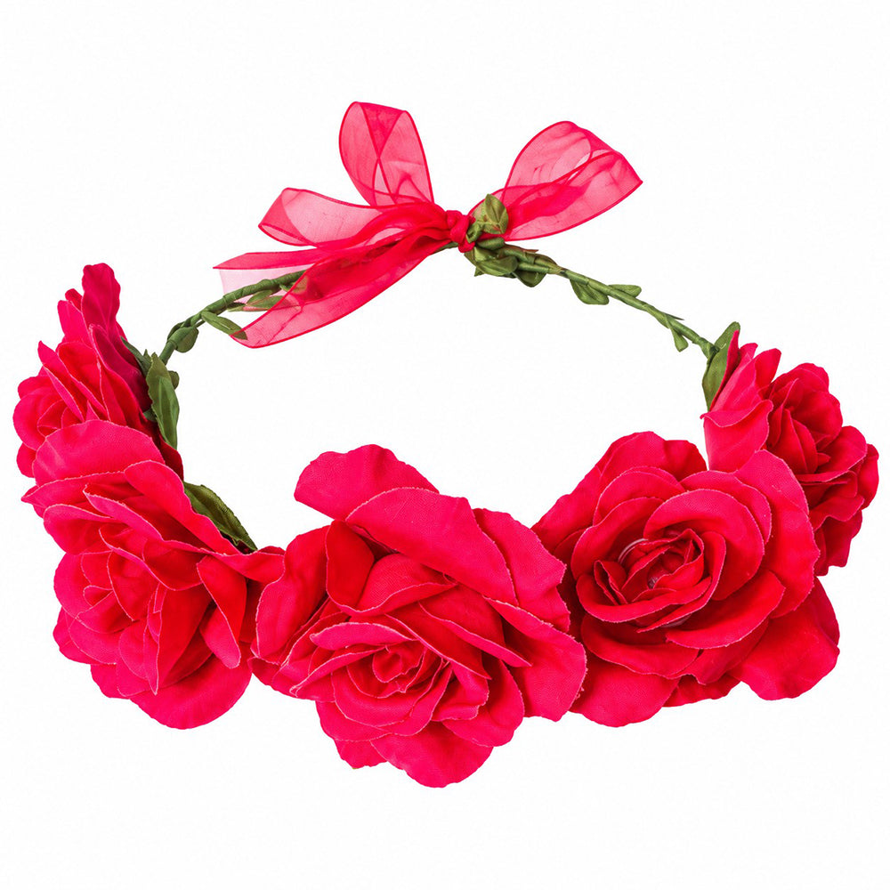Rose floral tiara with fabric flowers front view