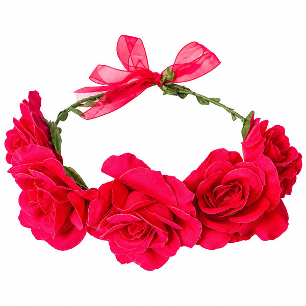 Rose floral tiara with fabric flowers front view
