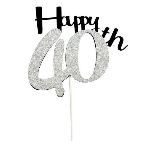 40th Birthday Glitter Paper Cake Topper, Silver