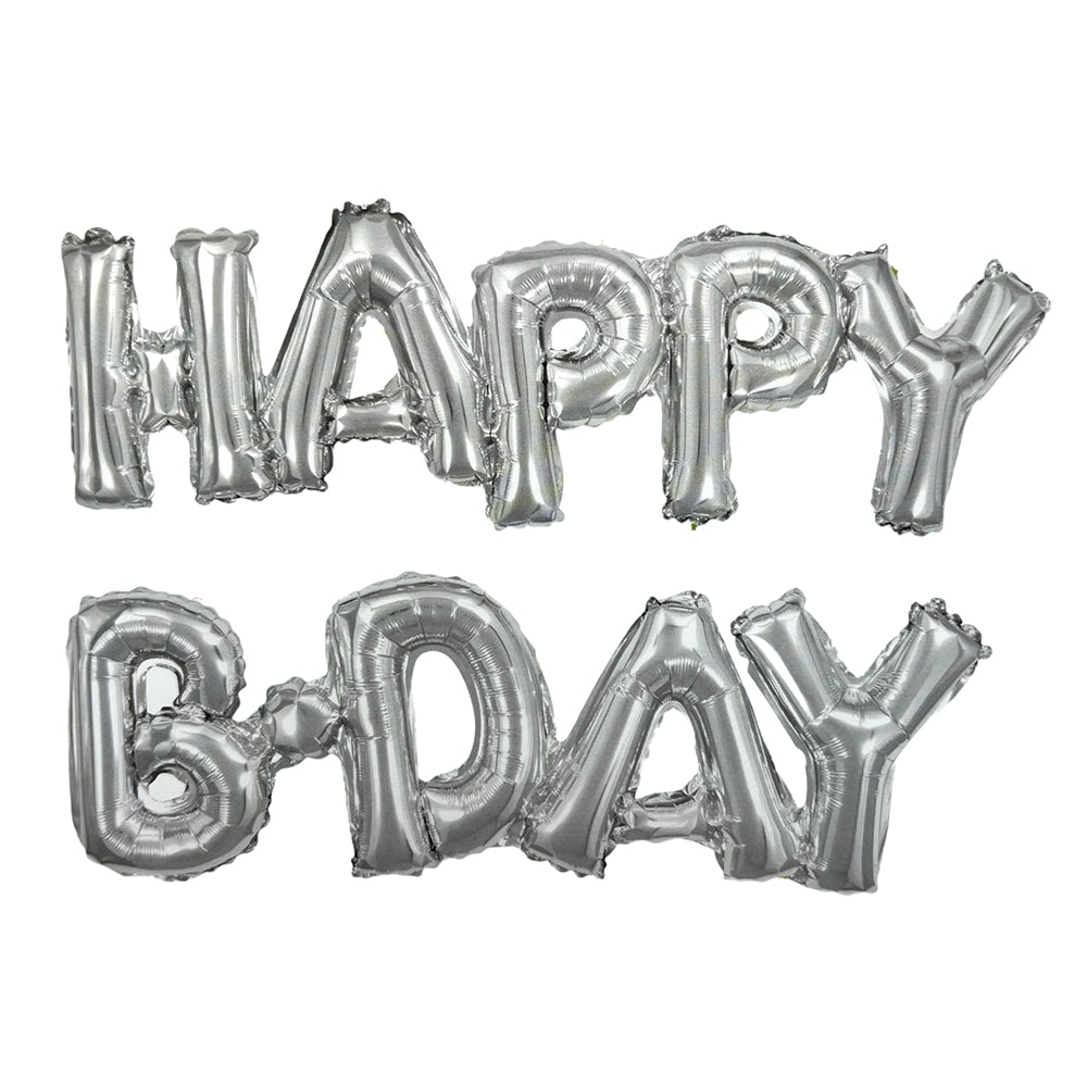 Silver Happy Bday foil banner for birthday celebration backdrop decoration from Funzoop The Party Shop